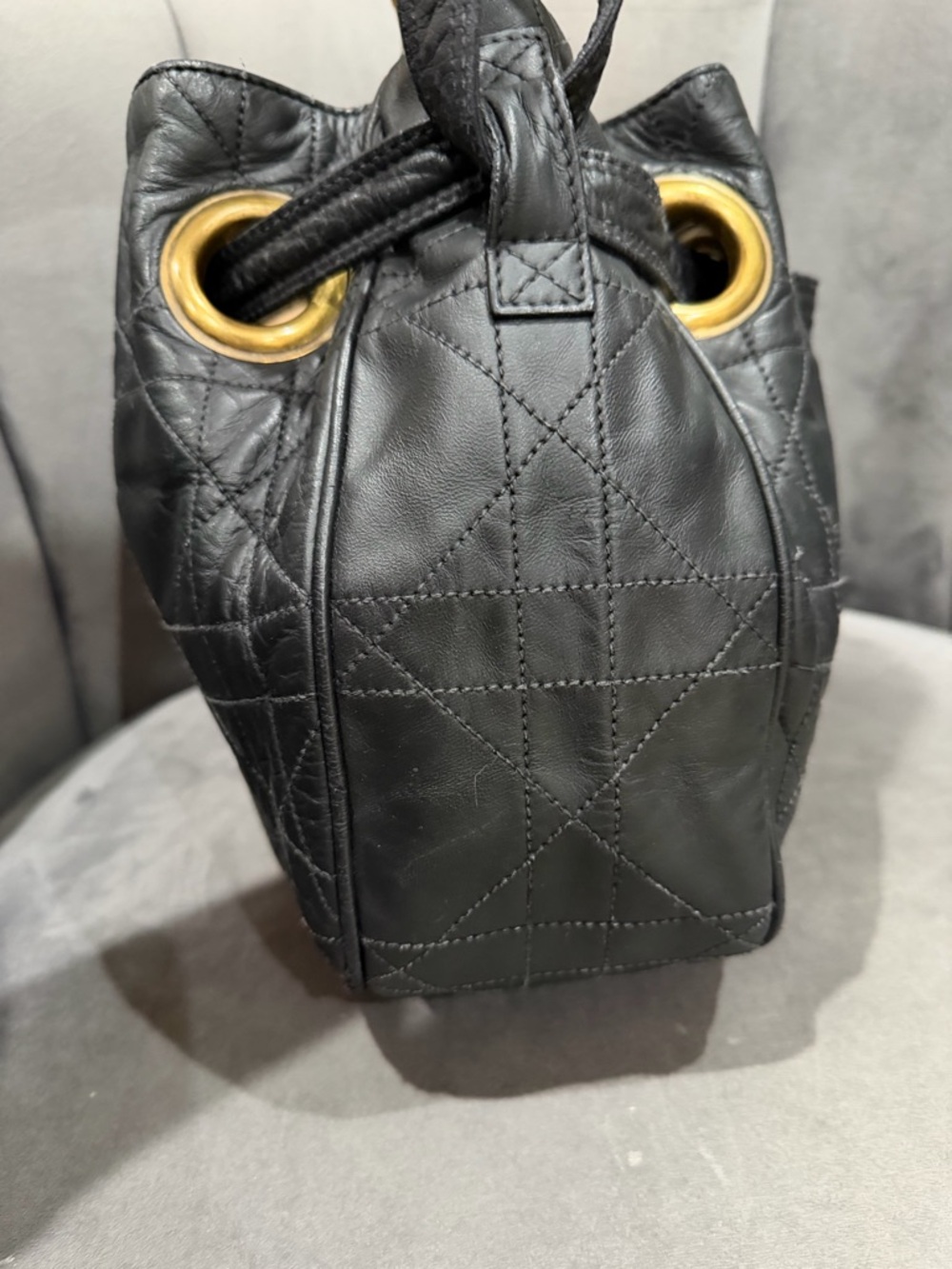 Vintage Christian Dior Shoulder Bag Cannage Quilted Black Leather bucket bag - Picture 8 of 16